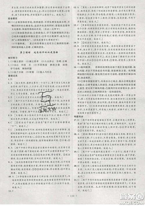 2020春思路教练同步课时作业七年级道德与法治下册人教版答案