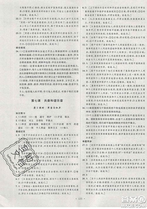 2020春思路教练同步课时作业七年级道德与法治下册人教版答案