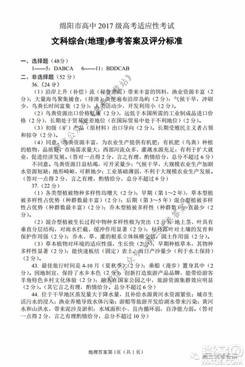 绵阳市高中2017级高考适应性考试文科综合试题及答案 绵阳市高中2017级高考适应性考试文科综合试题及答案