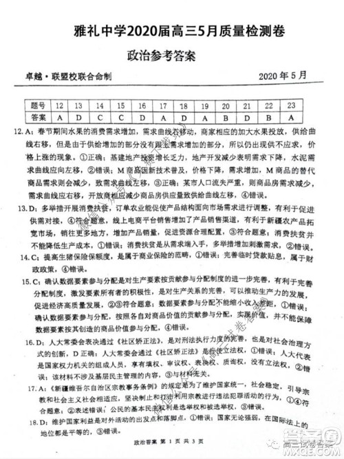 雅礼中学2020届高三5月质量检测文科综合试题及答案 雅礼中学2020届高三5月质量检测文科综合试题及答案