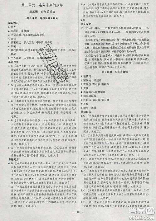 2020春思路教练同步课时作业九年级道德与法治下册人教版答案