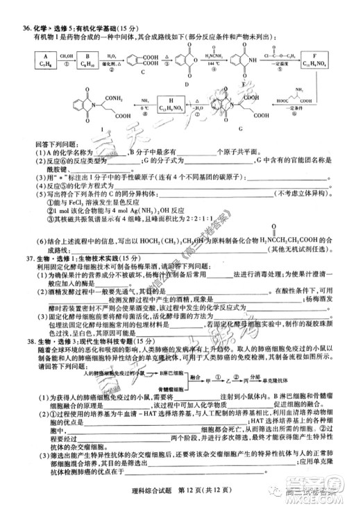 天一大联考皖豫联盟体2020届高中毕业班第三次考试理科综合试题及答案