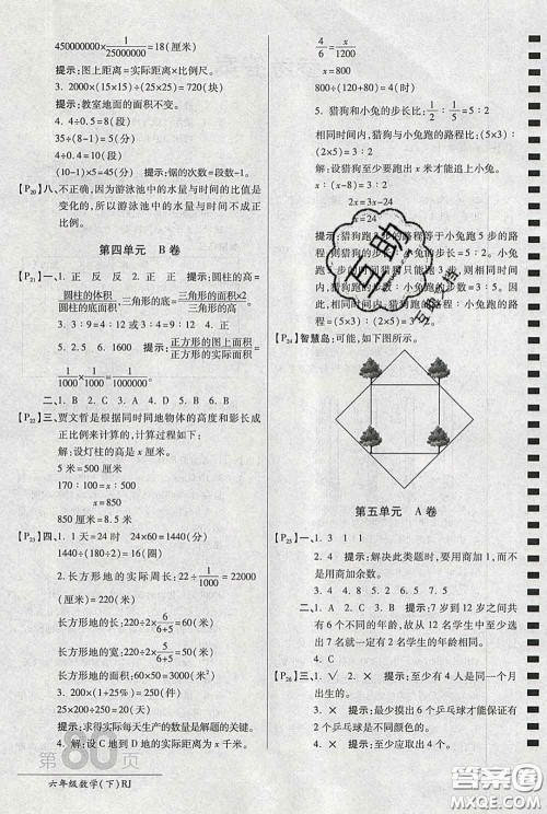 2020春新版最新AB卷小学六年级数学下册人教版参考答案