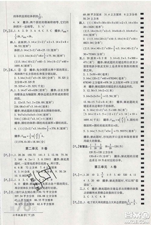 2020春新版最新AB卷小学六年级数学下册苏教版参考答案