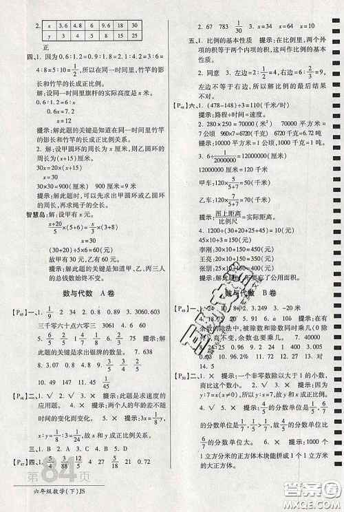 2020春新版最新AB卷小学六年级数学下册苏教版参考答案