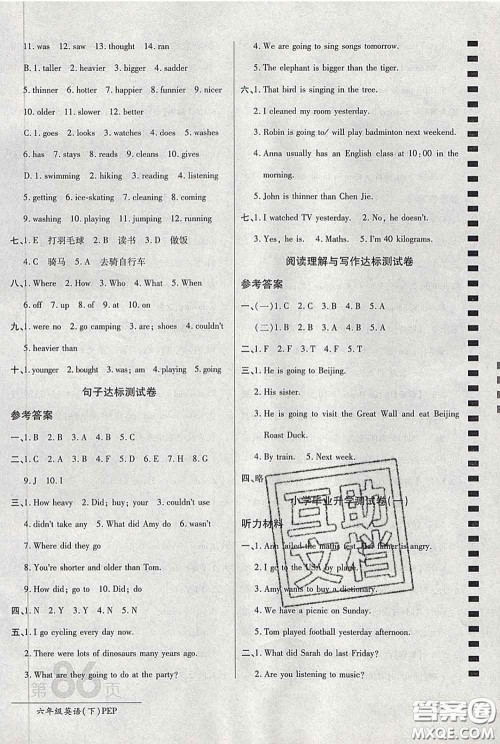 2020春新版最新AB卷小学六年级英语下册人教版参考答案 2020春新版最新AB卷小学六年级英语下册人教版参考答案