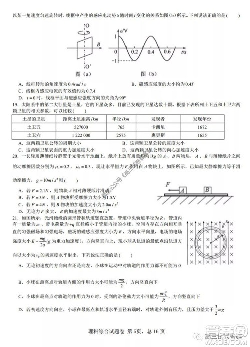 湖南师范大学附属学校2020届高三5月模拟理科综合试题及答案