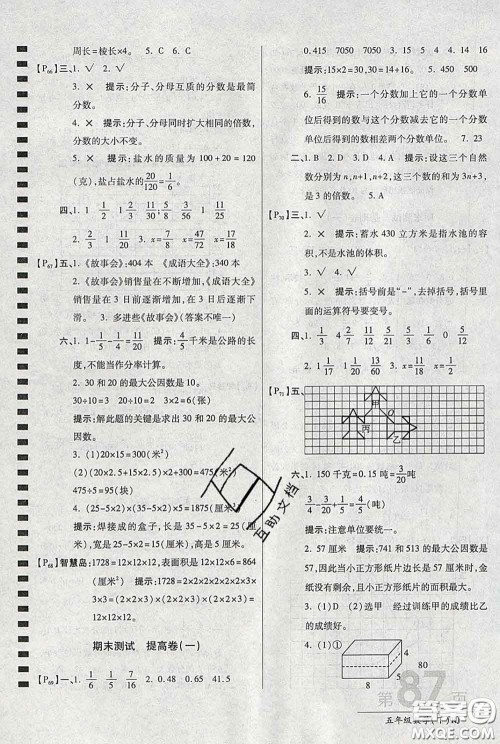 2020春新版最新AB卷小学五年级数学下册人教版参考答案