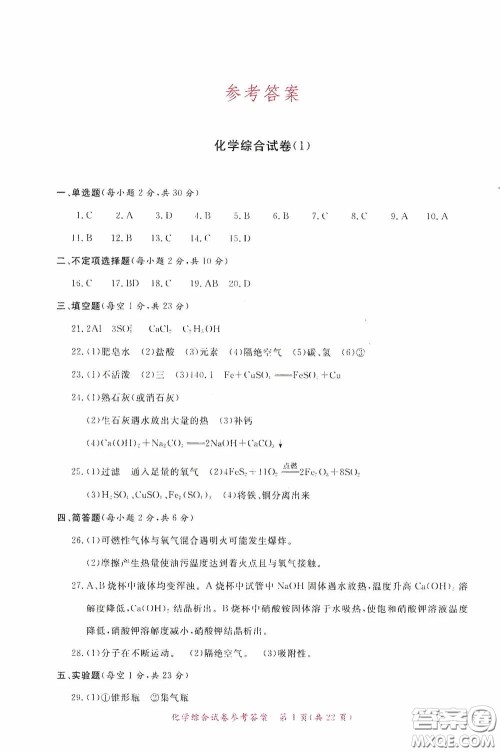 2020年资源与评价全程总复习化学综合试卷答案 2020年资源与评价全程总复习化学综合试卷答案