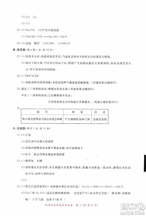 2020年资源与评价全程总复习化学综合试卷答案 2020年资源与评价全程总复习化学综合试卷答案