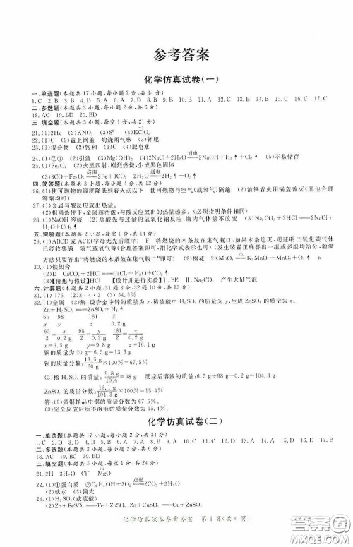 2020年资源与评价全程总复习化学仿真试卷答案 2020年资源与评价全程总复习化学仿真试卷答案