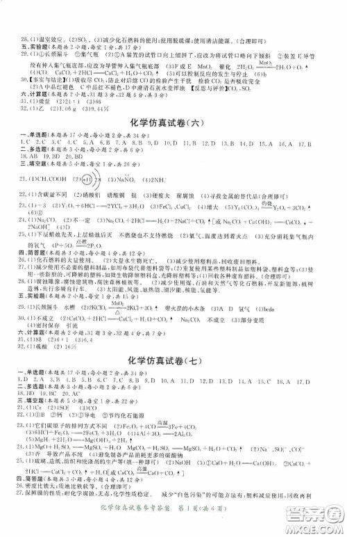 2020年资源与评价全程总复习化学仿真试卷答案 2020年资源与评价全程总复习化学仿真试卷答案