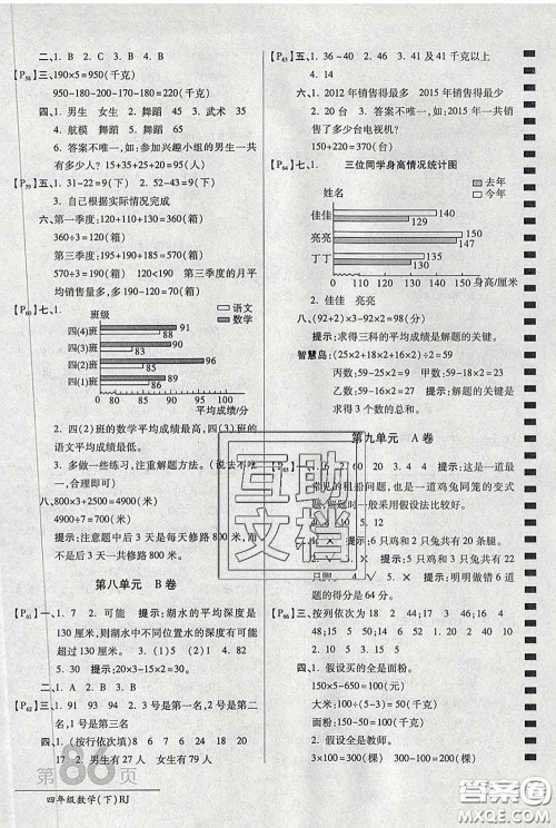 2020春新版最新AB卷小学四年级数学下册人教版参考答案 2020春新版最新AB卷小学四年级数学下册人教版参考答案