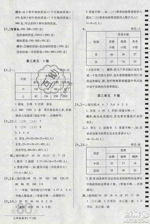 2020春新版最新AB卷小学三年级数学下册人教版参考答案 2020春新版最新AB卷小学三年级数学下册人教版参考答案