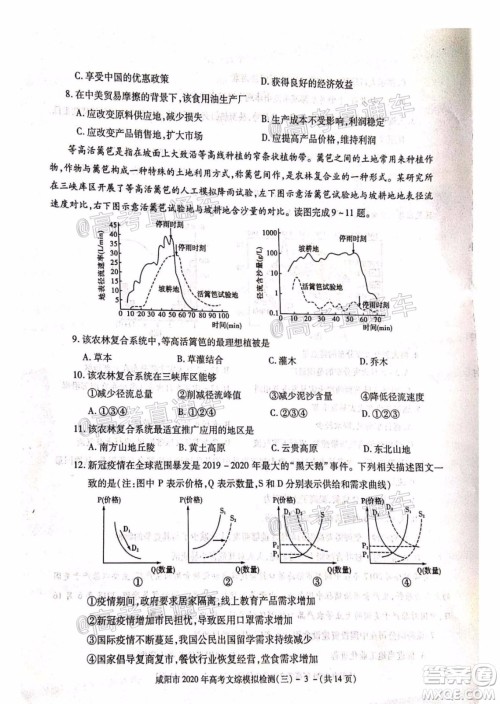 咸阳市2020年高考模拟检测三文综试题及答案 咸阳市2020年高考模拟检测三文综试题及答案