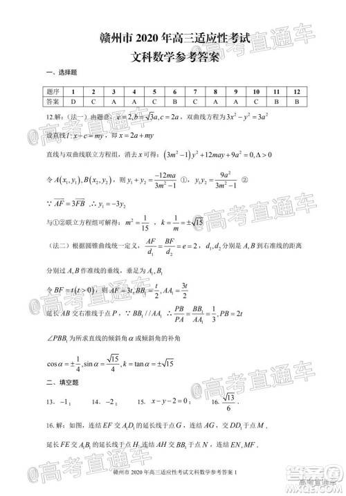 2020年5月赣州市高三年级适应性考试文科数学试题及答案