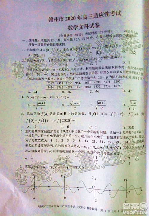 2020年5月赣州市高三年级适应性考试文科数学试题及答案