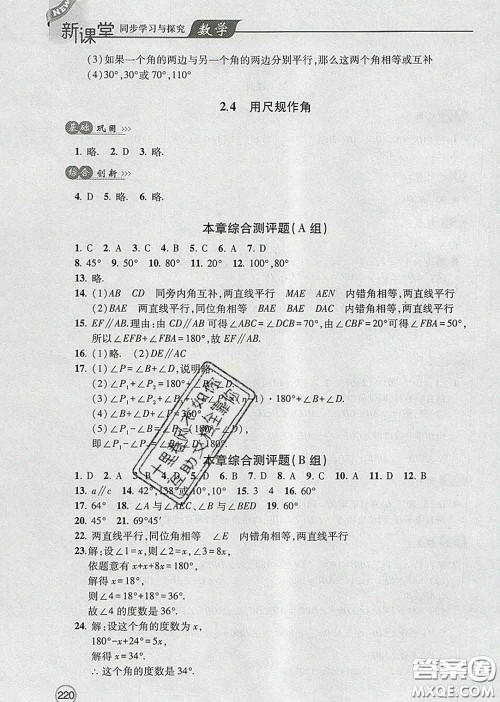 青岛出版社2020春新课堂同步学习与探究七年级数学下册答案