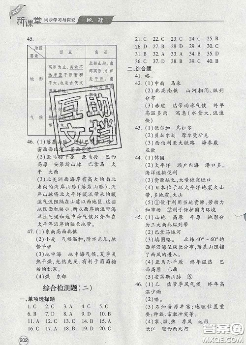 青岛出版社2020春新课堂同步学习与探究七年级地理下册答案