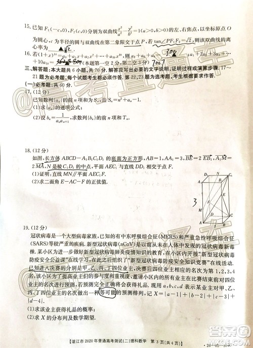 湛江市2020年普通高考测试二理科数学试题及答案