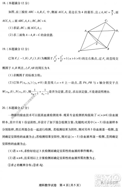 武汉市2020届高中毕业生五月质量检测理科数学试题及答案