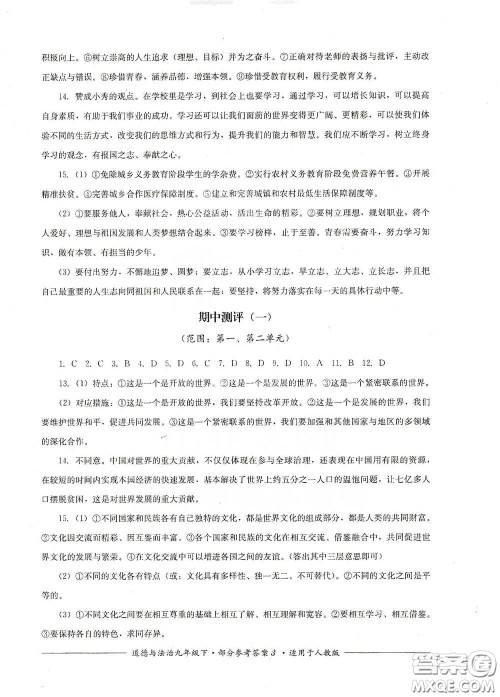 四川教育出版社2020单元测评九年级道德与法治下册人教版答案