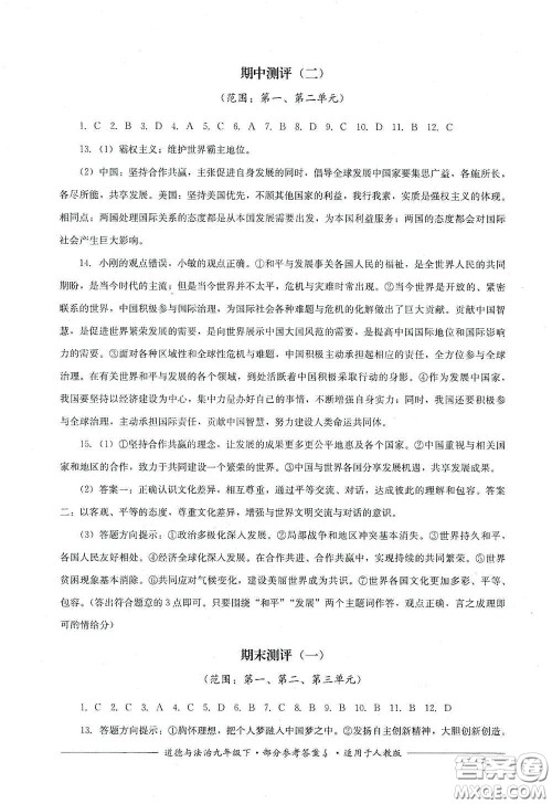 四川教育出版社2020单元测评九年级道德与法治下册人教版答案