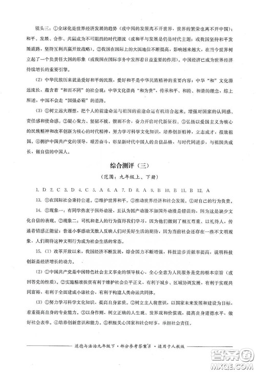 四川教育出版社2020单元测评九年级道德与法治下册人教版答案