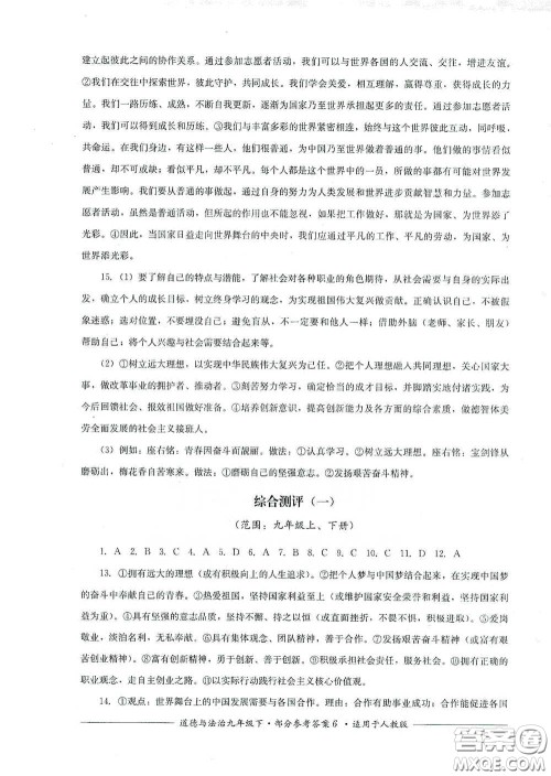 四川教育出版社2020单元测评九年级道德与法治下册人教版答案
