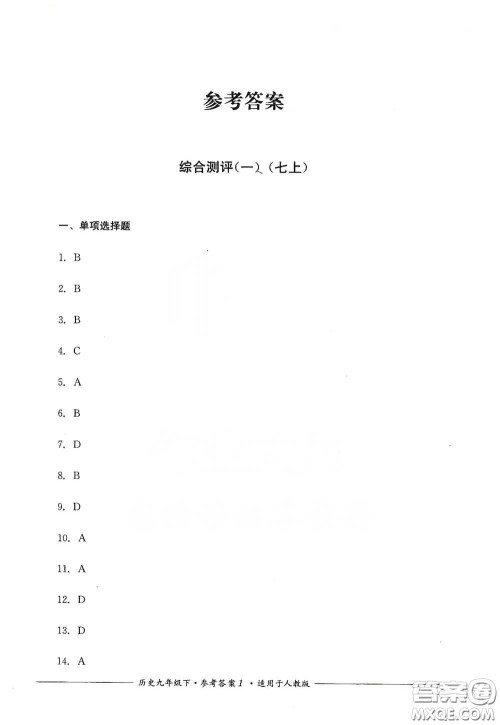 四川教育出版社2020单元测评九年级历史下册人教版答案 四川教育出版社2020单元测评九年级历史下册人教版答案