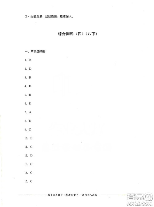 四川教育出版社2020单元测评九年级历史下册人教版答案