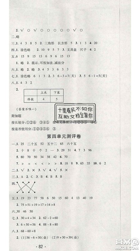 三甲文化2020新版创新考王完全试卷一年级数学下册人教版答案