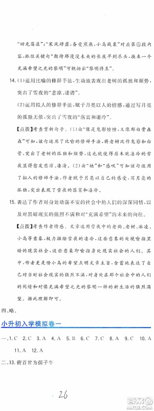 北京教育出版社2020新目标检测同步单元测试卷六年级语文下册人教版答案