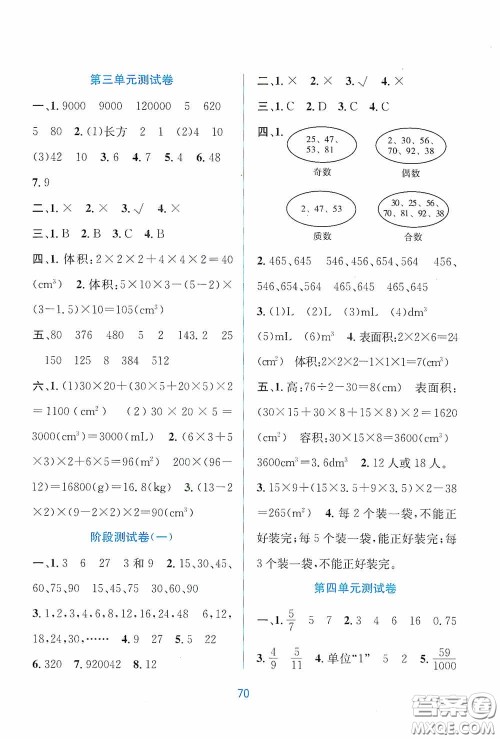 希望出版社2020全程检测单元测试卷五年级数学下册A版答案