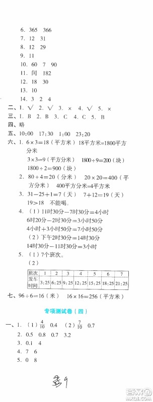 湖南教育出版社2020湘教考苑单元测试卷三年级数学下册人教版答案