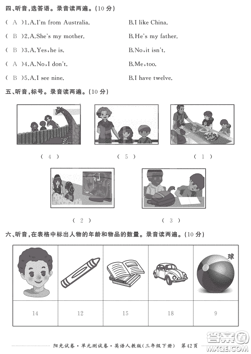 江西高校出版社2020阳光试卷单元测试卷三年级英语下册人教版答案