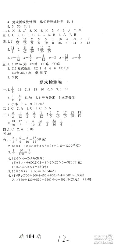 2020全能练考卷五年级数学下册人教版答案 2020全能练考卷五年级数学下册人教版答案