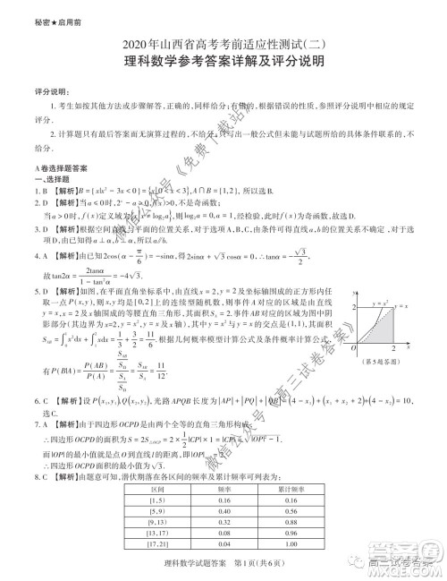 2020年山西省高考考前适应性测试二理科数学试题及答案