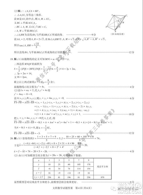 2020年山西省高考考前适应性测试二文科数学试题及答案