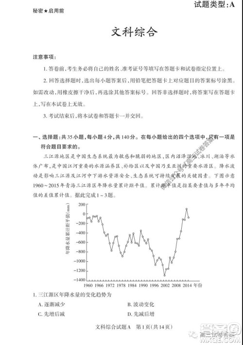 2020年山西省高考考前适应性测试二文科综合试题及答案