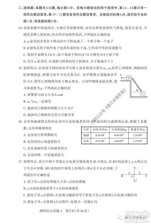 2020年山西省高考考前适应性测试二理科综合试题及答案