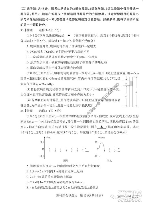 2020年山西省高考考前适应性测试二理科综合试题及答案