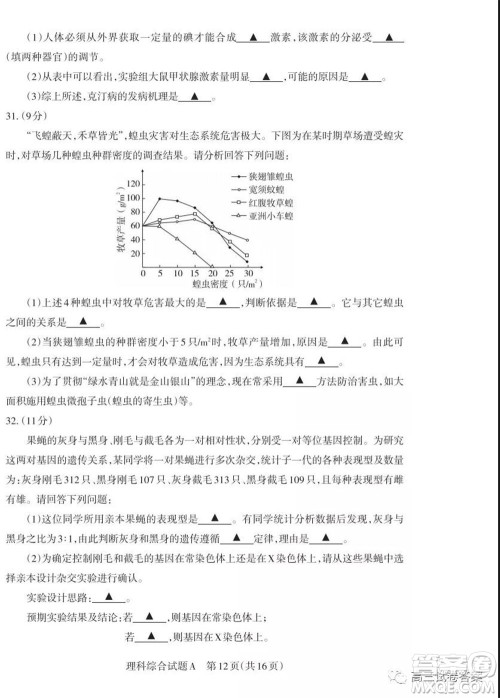 2020年山西省高考考前适应性测试二理科综合试题及答案