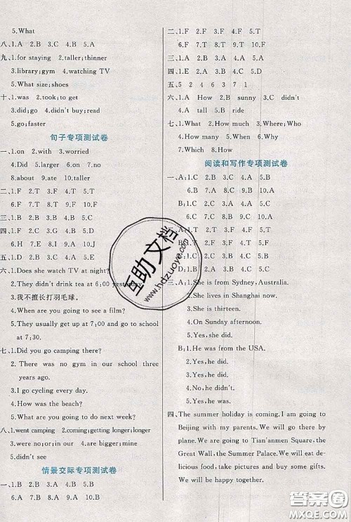 2020新版黄冈全优卷六年级英语下册人教版答案