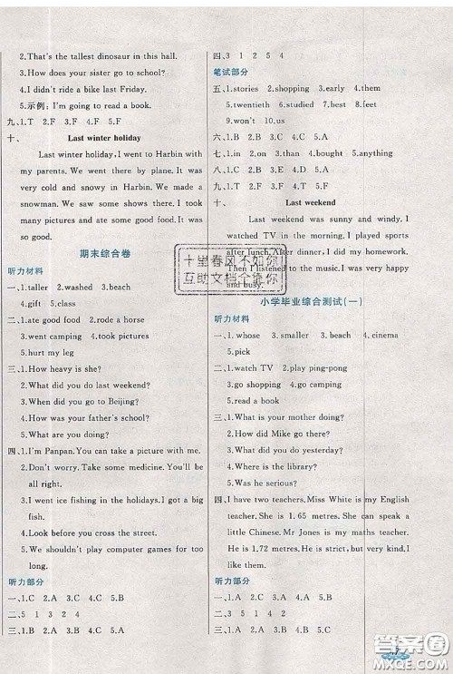 2020新版黄冈全优卷六年级英语下册人教版答案