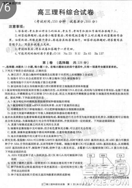 2020年金太阳全国5月百万联考全国一卷理科综合试题及答案