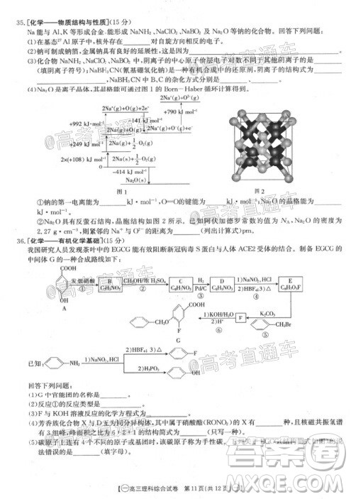 2020年金太阳全国5月百万联考全国一卷理科综合试题及答案 2020年金太阳全国5月百万联考全国一卷理科综合试题及答案