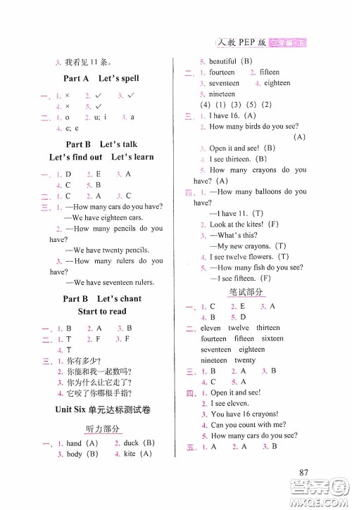 2020随堂检测天天练三年级英语下册人教版答案