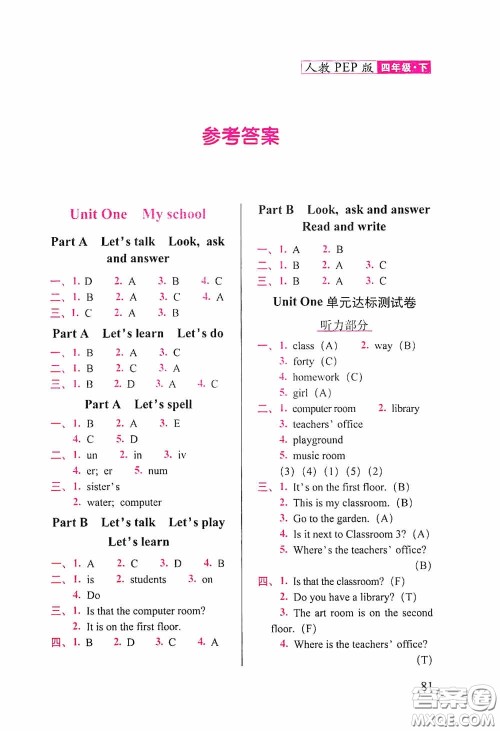 2020随堂检测天天练四年级英语下册人教版答案