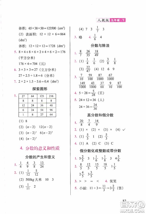 2020随堂检测天天练五年级数学下册人教版答案